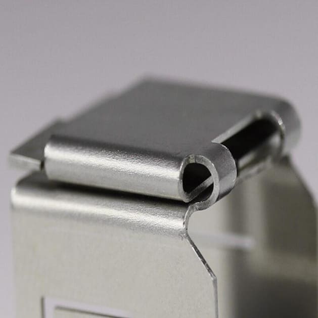 Precision custom bent sheet metal curled hinge bracket